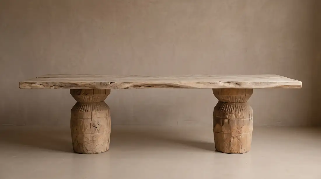 Low table with a pale bleached slab on carved cylindrical drum pillars