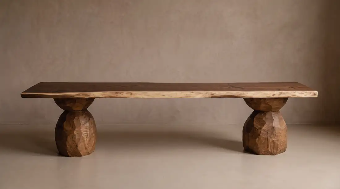 Low table with a walnut slab on faceted, hand-carved pebble-shaped bases