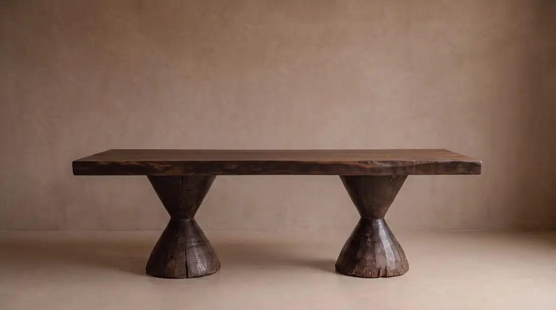 Dark wood slab low table on two hourglass-shaped carved bases