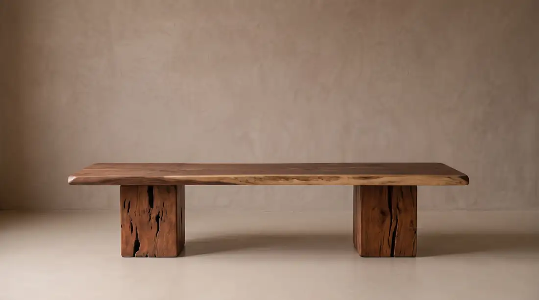 Low table with a walnut slab on two solid rectangular wood piers